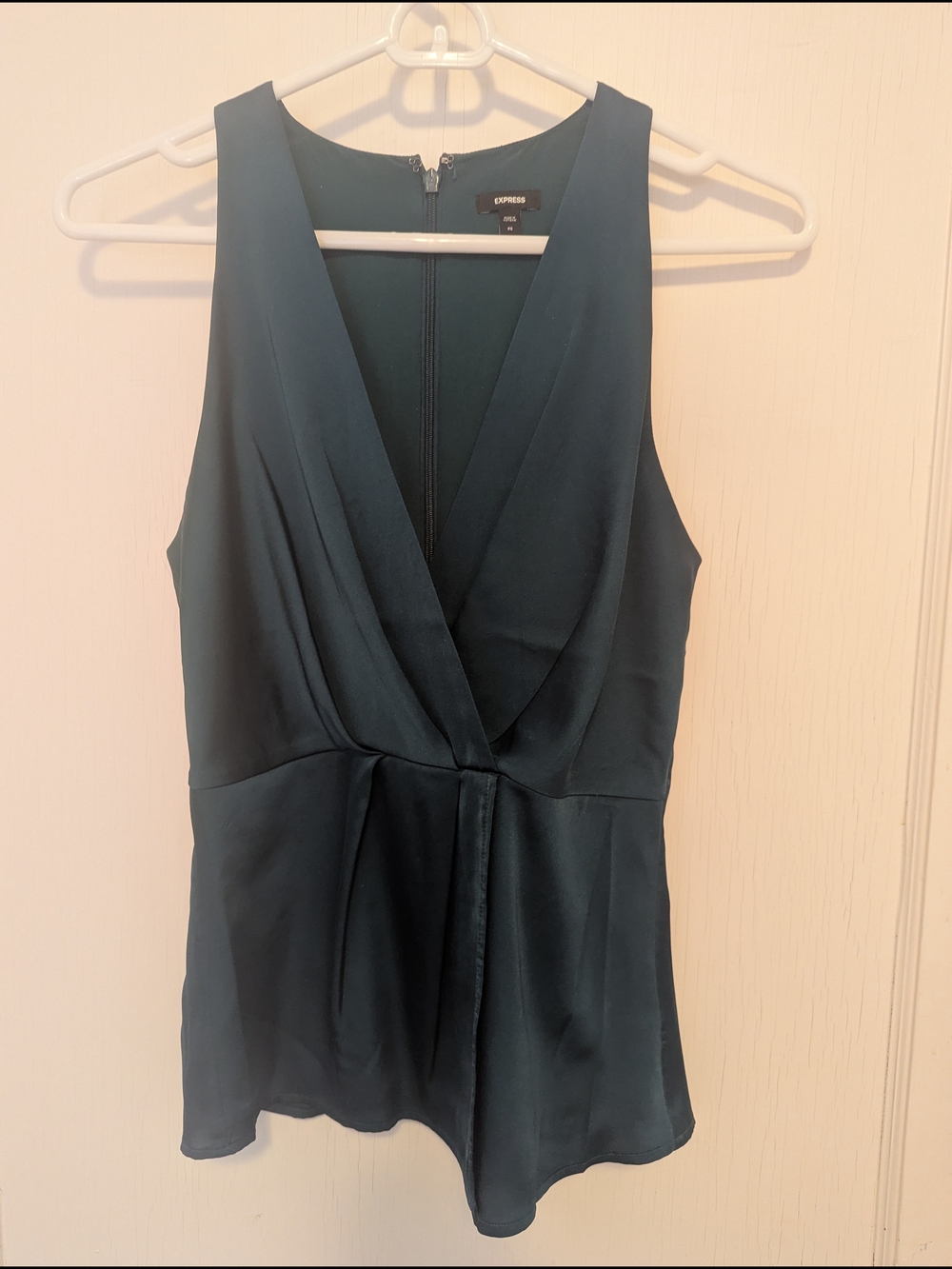 Express XS Satin Teal Green V-Neck Sleeveless Top, Gathered Faux Wrap Front